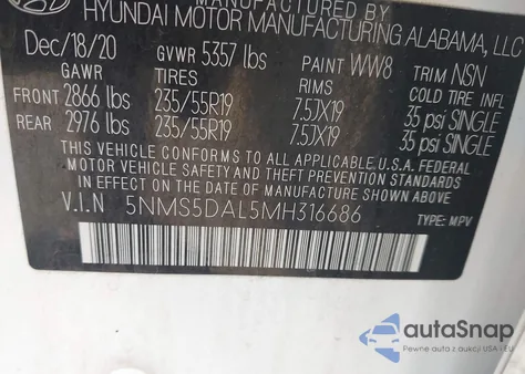 2021 Hyundai Santa Fe Calligraphy z USA, uszkodzony, nr VIN 5NMS5DAL5MH316686